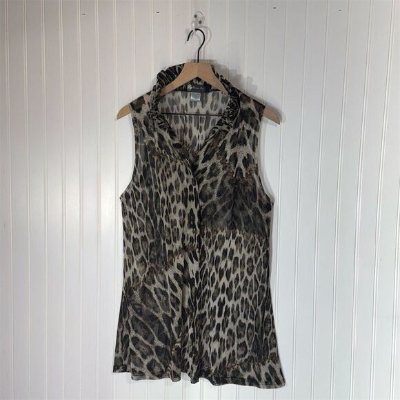 Damee Inc Leopard Sheer Top L Wire Ruffle Collar Mesh Sleeveless Y2K Boho - Picture 1 of 8